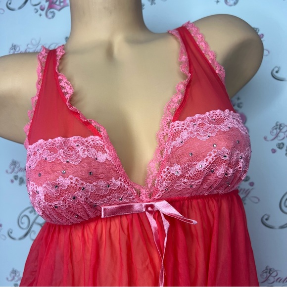 Victoria secret babydoll rhinestone pink bow tie satin silky floral lace dress - Picture 3 of 7